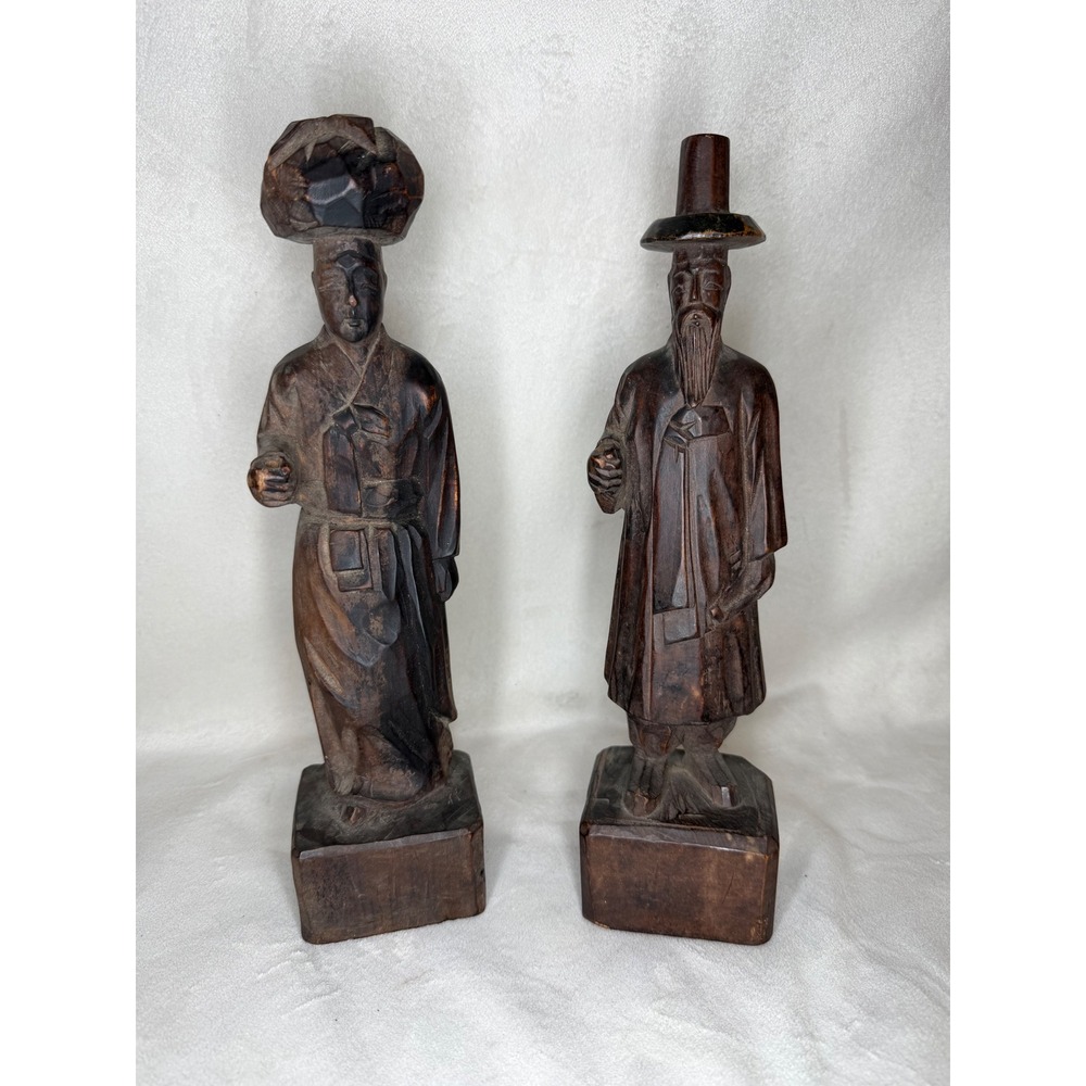 Vintage Korean Hand Carved Wood Figurines Pair 12" Traditional Folk Art